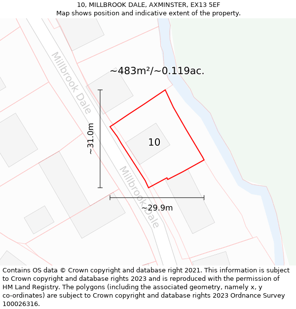 10, MILLBROOK DALE, AXMINSTER, EX13 5EF: Plot and title map