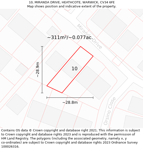 10, MIRANDA DRIVE, HEATHCOTE, WARWICK, CV34 6FE: Plot and title map