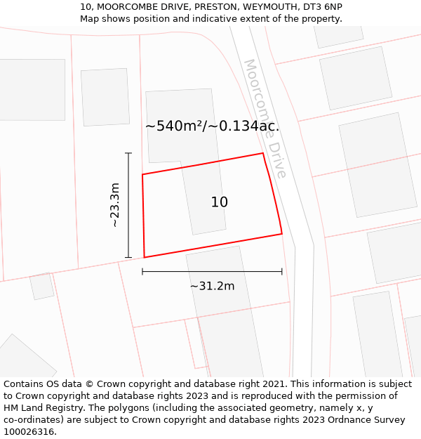 10, MOORCOMBE DRIVE, PRESTON, WEYMOUTH, DT3 6NP: Plot and title map