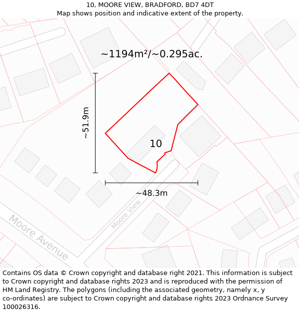 10, MOORE VIEW, BRADFORD, BD7 4DT: Plot and title map