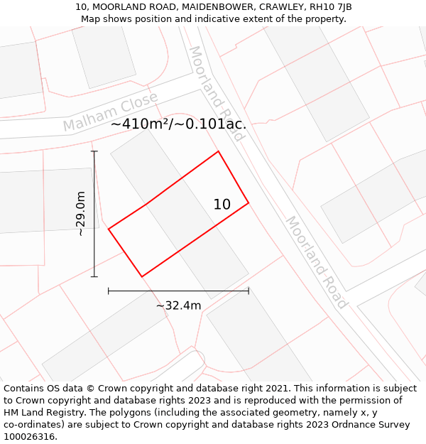 10, MOORLAND ROAD, MAIDENBOWER, CRAWLEY, RH10 7JB: Plot and title map