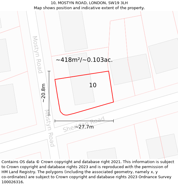 10, MOSTYN ROAD, LONDON, SW19 3LH: Plot and title map