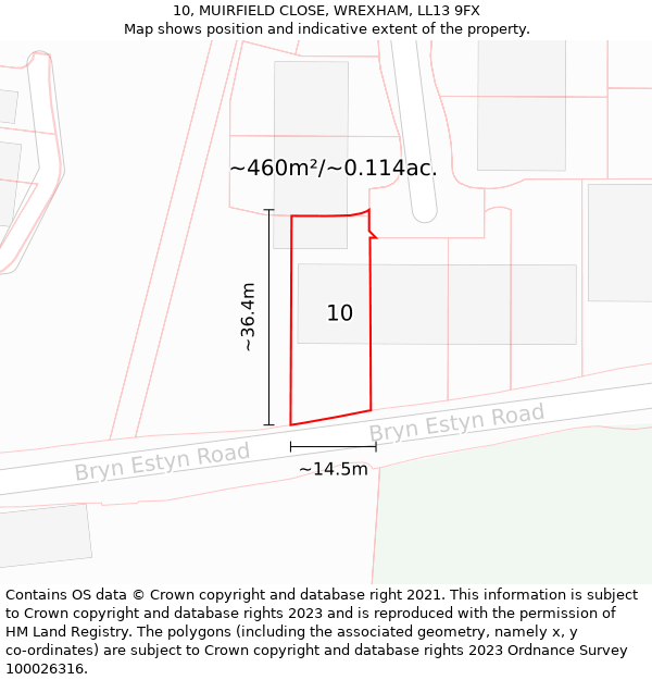 10, MUIRFIELD CLOSE, WREXHAM, LL13 9FX: Plot and title map