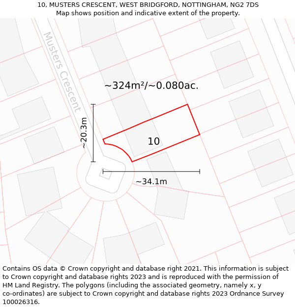 10, MUSTERS CRESCENT, WEST BRIDGFORD, NOTTINGHAM, NG2 7DS: Plot and title map