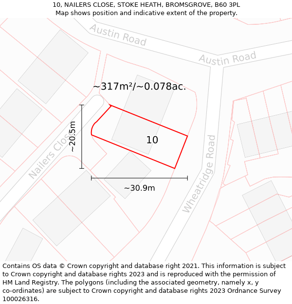 10, NAILERS CLOSE, STOKE HEATH, BROMSGROVE, B60 3PL: Plot and title map