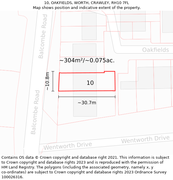 10, OAKFIELDS, WORTH, CRAWLEY, RH10 7FL: Plot and title map