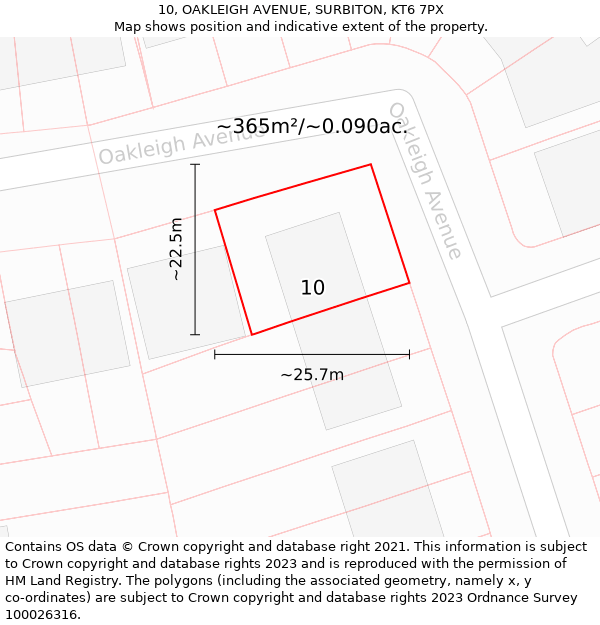 10, OAKLEIGH AVENUE, SURBITON, KT6 7PX: Plot and title map