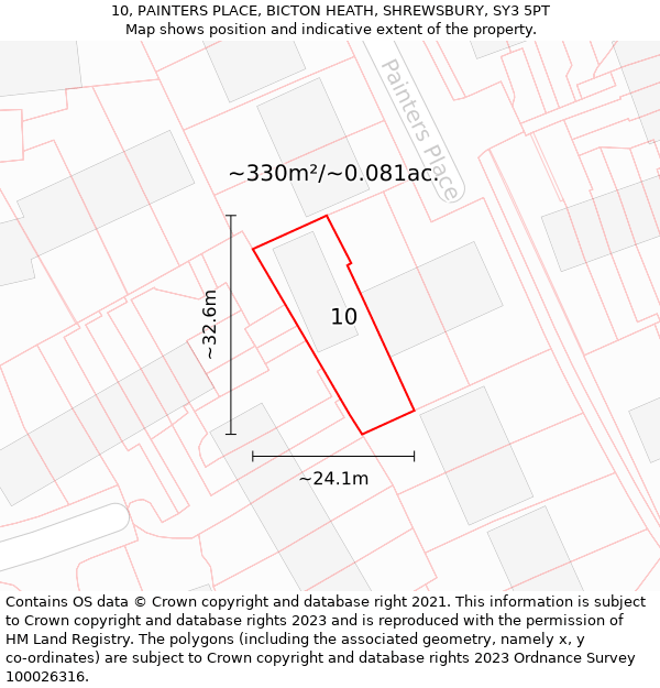 10, PAINTERS PLACE, BICTON HEATH, SHREWSBURY, SY3 5PT: Plot and title map