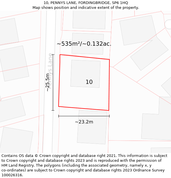 10, PENNYS LANE, FORDINGBRIDGE, SP6 1HQ: Plot and title map