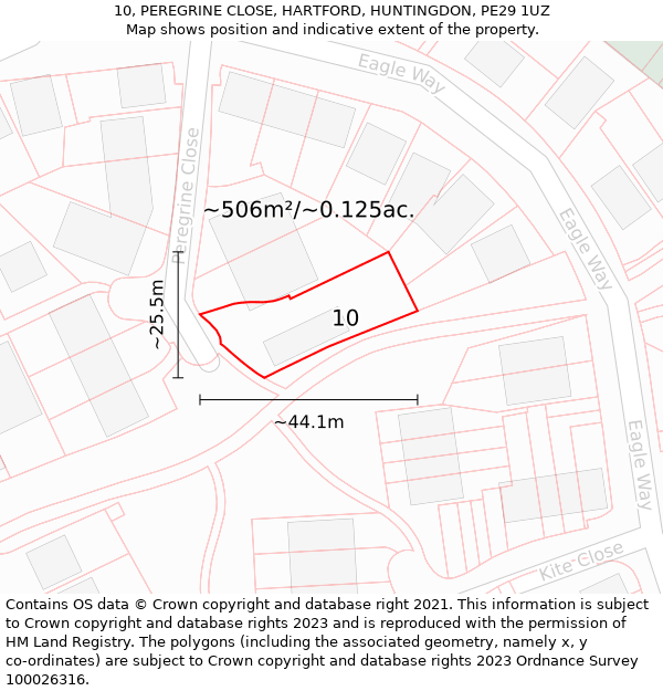 10, PEREGRINE CLOSE, HARTFORD, HUNTINGDON, PE29 1UZ: Plot and title map