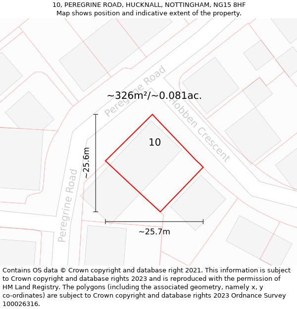 10, PEREGRINE ROAD, HUCKNALL, NOTTINGHAM, NG15 8HF: Plot and title map