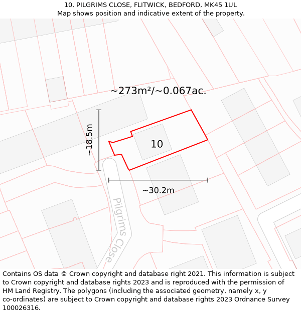 10, PILGRIMS CLOSE, FLITWICK, BEDFORD, MK45 1UL: Plot and title map