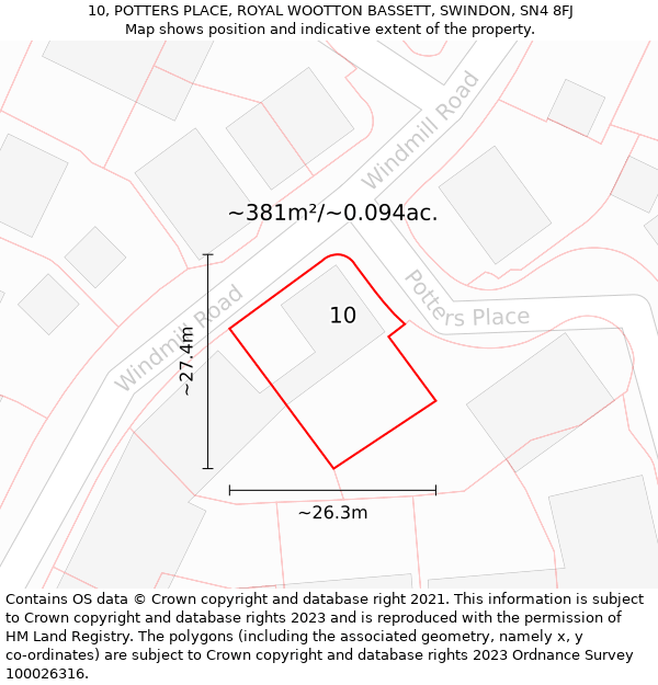 10, POTTERS PLACE, ROYAL WOOTTON BASSETT, SWINDON, SN4 8FJ: Plot and title map