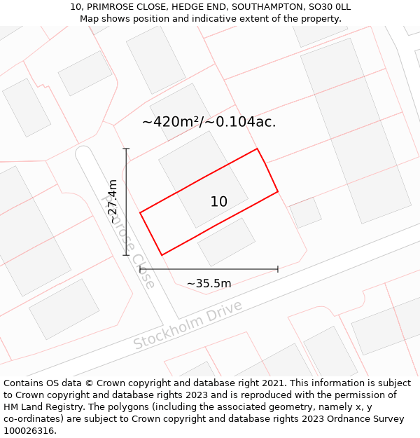 10, PRIMROSE CLOSE, HEDGE END, SOUTHAMPTON, SO30 0LL: Plot and title map