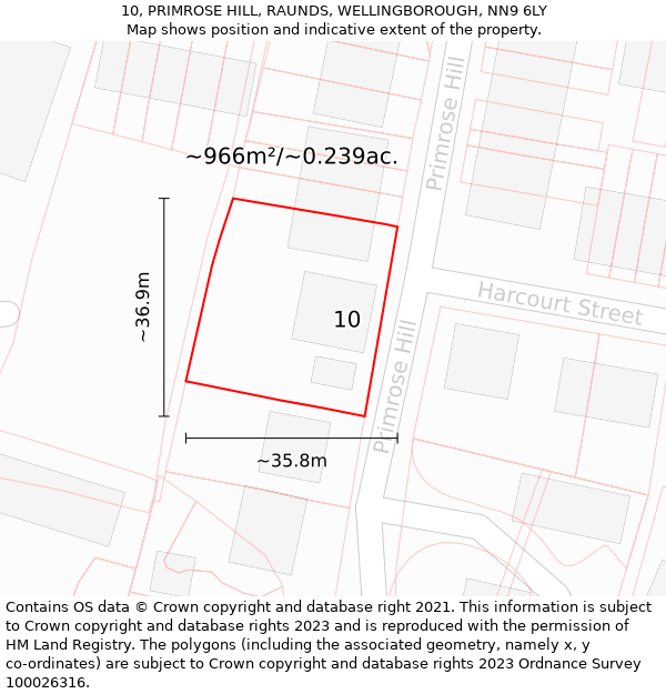 10, PRIMROSE HILL, RAUNDS, WELLINGBOROUGH, NN9 6LY: Plot and title map