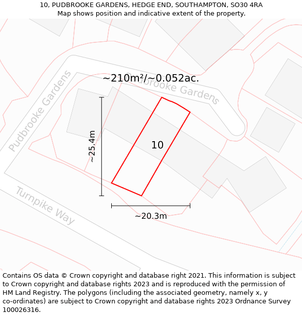 10, PUDBROOKE GARDENS, HEDGE END, SOUTHAMPTON, SO30 4RA: Plot and title map