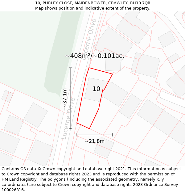 10, PURLEY CLOSE, MAIDENBOWER, CRAWLEY, RH10 7QR: Plot and title map