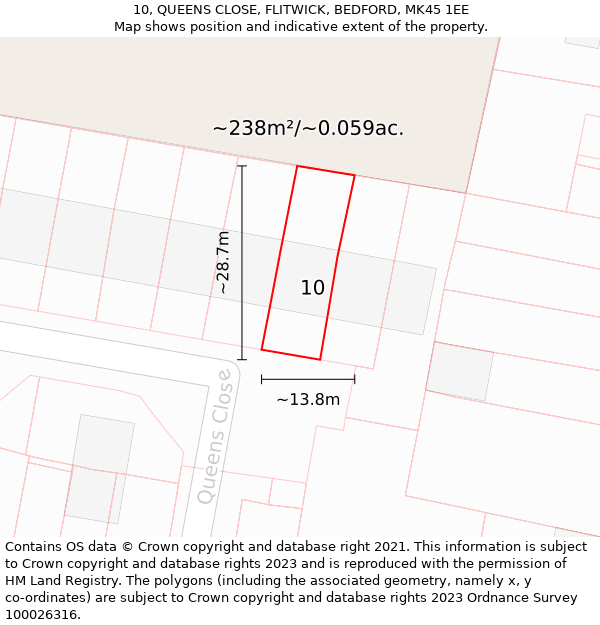 10, QUEENS CLOSE, FLITWICK, BEDFORD, MK45 1EE: Plot and title map