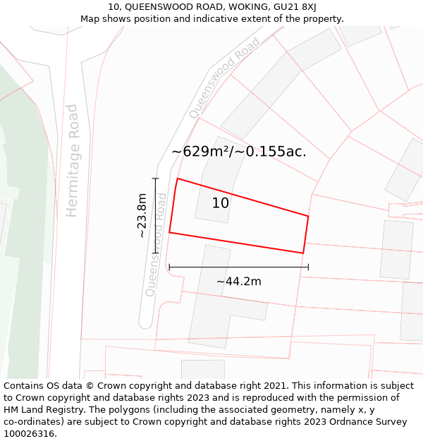 10, QUEENSWOOD ROAD, WOKING, GU21 8XJ: Plot and title map
