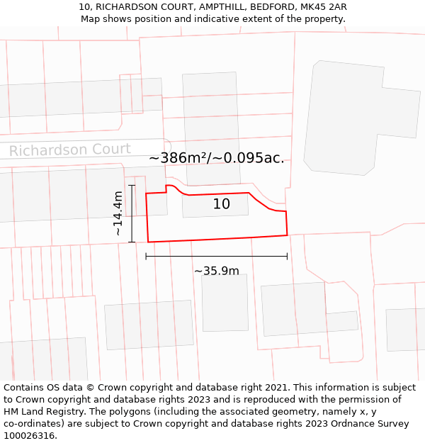 10, RICHARDSON COURT, AMPTHILL, BEDFORD, MK45 2AR: Plot and title map