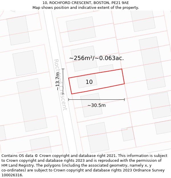 10, ROCHFORD CRESCENT, BOSTON, PE21 9AE: Plot and title map