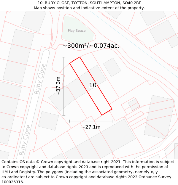 10, RUBY CLOSE, TOTTON, SOUTHAMPTON, SO40 2BF: Plot and title map