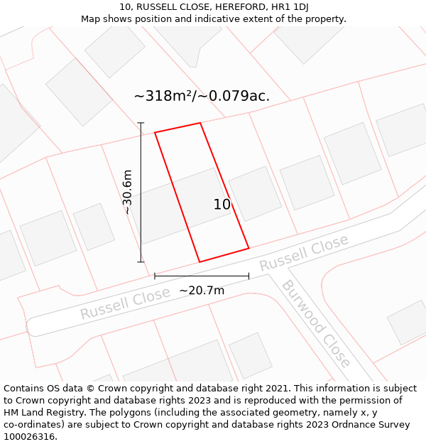 10, RUSSELL CLOSE, HEREFORD, HR1 1DJ: Plot and title map