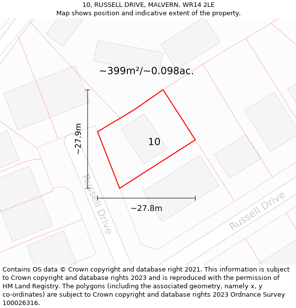 10, RUSSELL DRIVE, MALVERN, WR14 2LE: Plot and title map