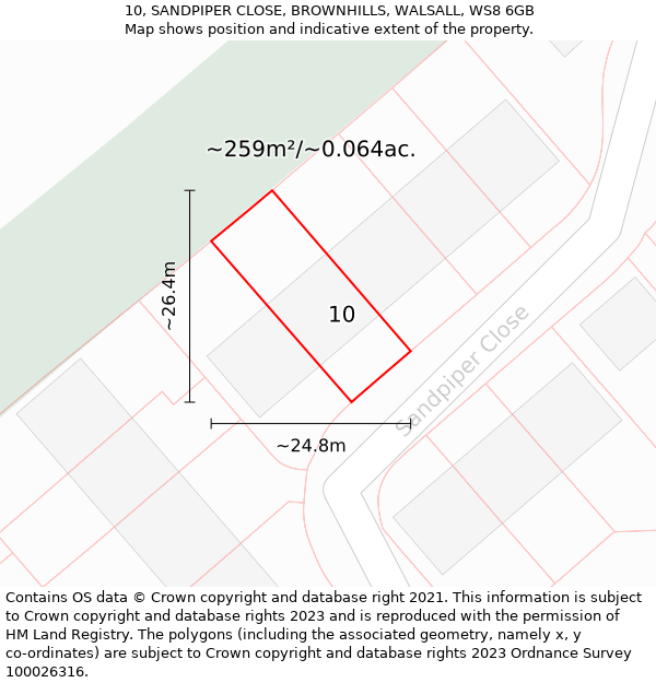 10, SANDPIPER CLOSE, BROWNHILLS, WALSALL, WS8 6GB: Plot and title map