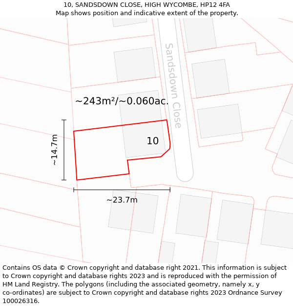 10, SANDSDOWN CLOSE, HIGH WYCOMBE, HP12 4FA: Plot and title map