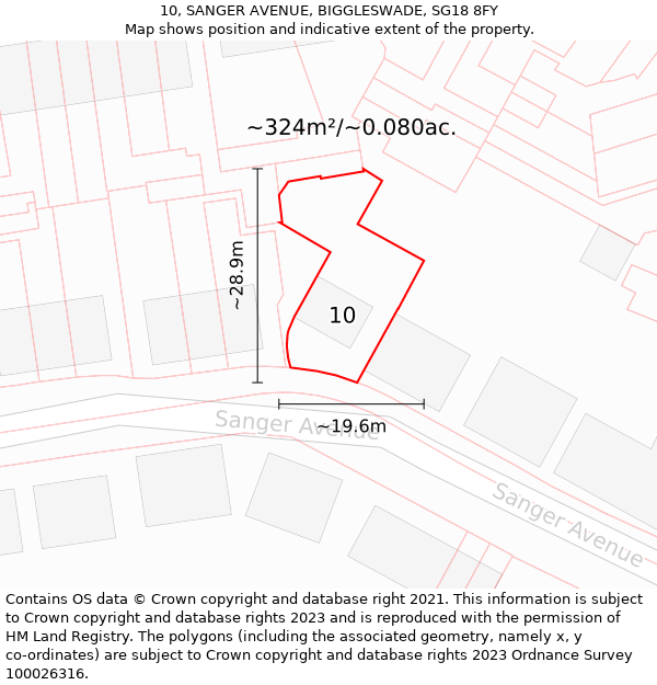 10, SANGER AVENUE, BIGGLESWADE, SG18 8FY: Plot and title map