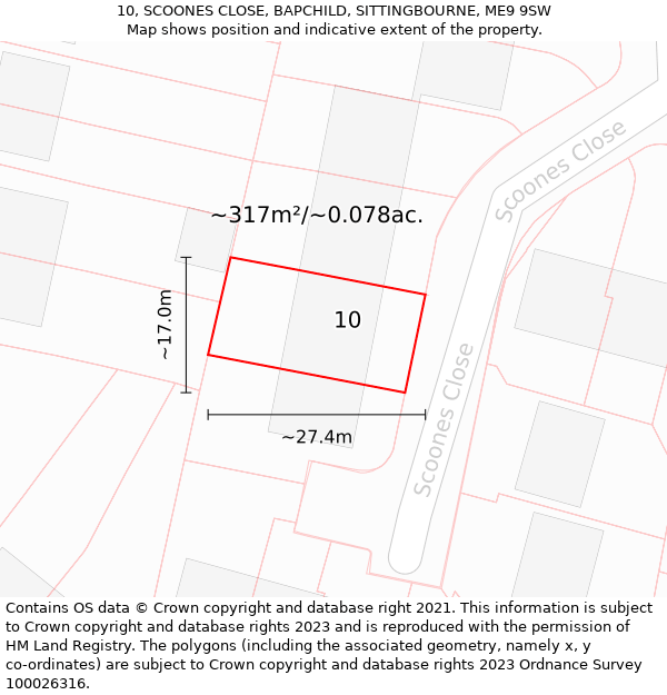 10, SCOONES CLOSE, BAPCHILD, SITTINGBOURNE, ME9 9SW: Plot and title map