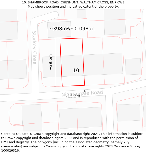 10, SHAMBROOK ROAD, CHESHUNT, WALTHAM CROSS, EN7 6WB: Plot and title map