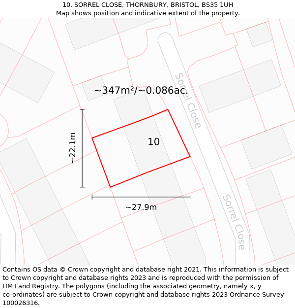 10, SORREL CLOSE, THORNBURY, BRISTOL, BS35 1UH: Plot and title map