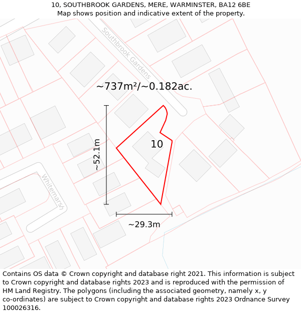 10, SOUTHBROOK GARDENS, MERE, WARMINSTER, BA12 6BE: Plot and title map