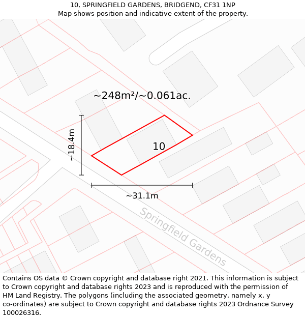 10, SPRINGFIELD GARDENS, BRIDGEND, CF31 1NP: Plot and title map