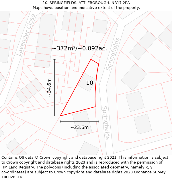 10, SPRINGFIELDS, ATTLEBOROUGH, NR17 2PA: Plot and title map