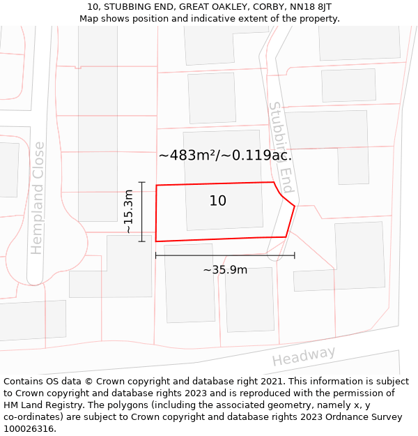 10, STUBBING END, GREAT OAKLEY, CORBY, NN18 8JT: Plot and title map