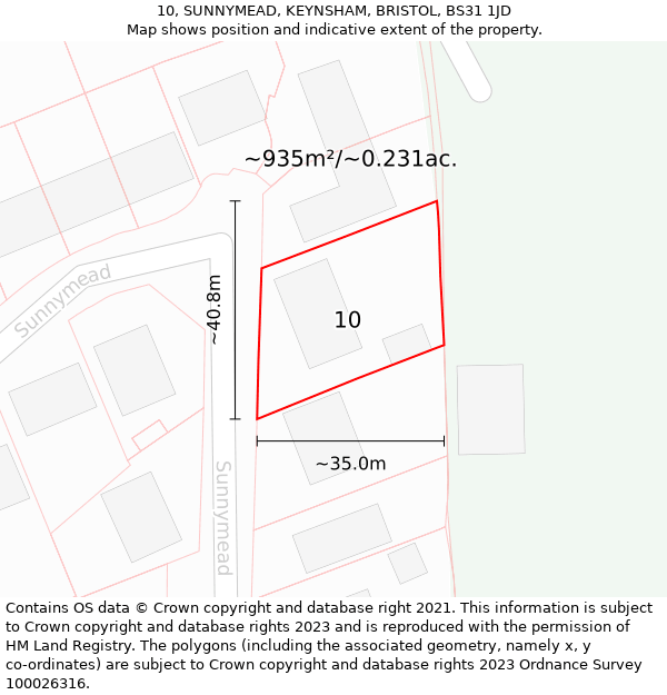 10, SUNNYMEAD, KEYNSHAM, BRISTOL, BS31 1JD: Plot and title map