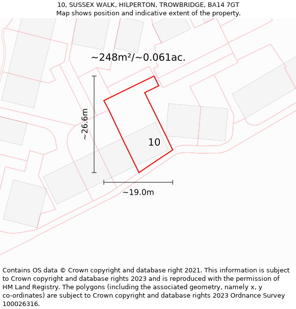 10, SUSSEX WALK, HILPERTON, TROWBRIDGE, BA14 7GT: Plot and title map