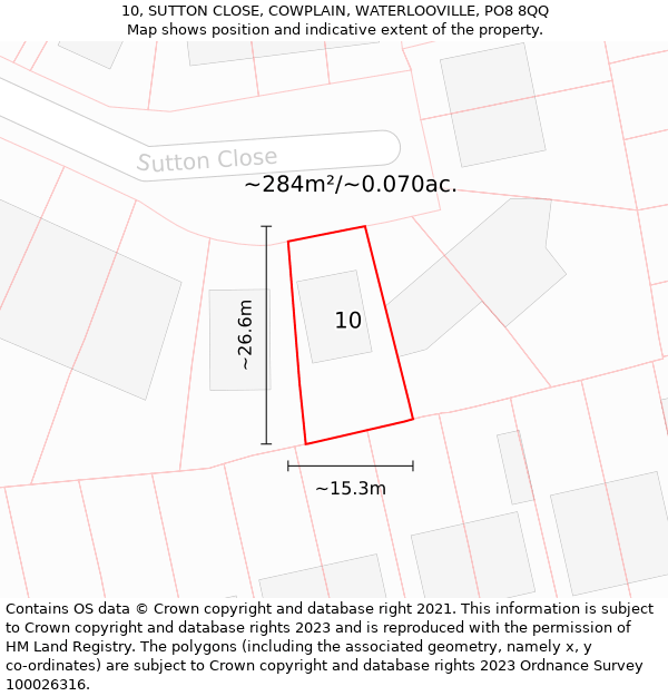 10, SUTTON CLOSE, COWPLAIN, WATERLOOVILLE, PO8 8QQ: Plot and title map