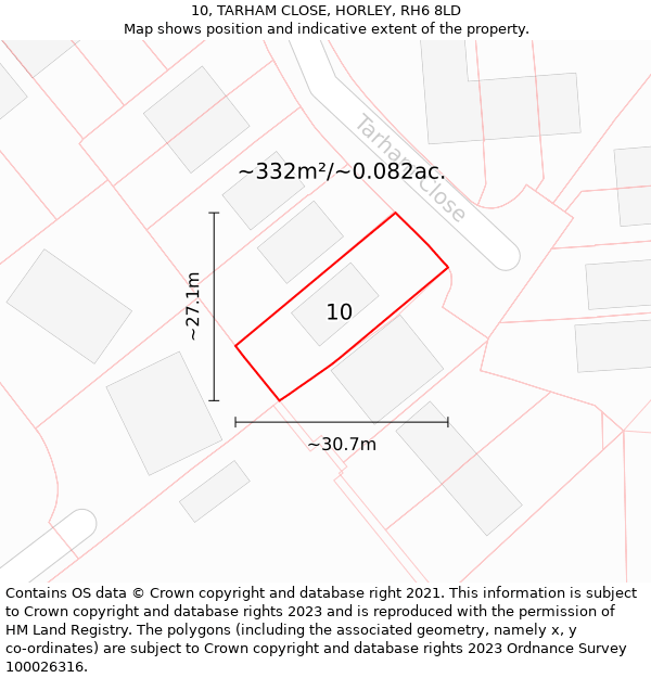 10, TARHAM CLOSE, HORLEY, RH6 8LD: Plot and title map