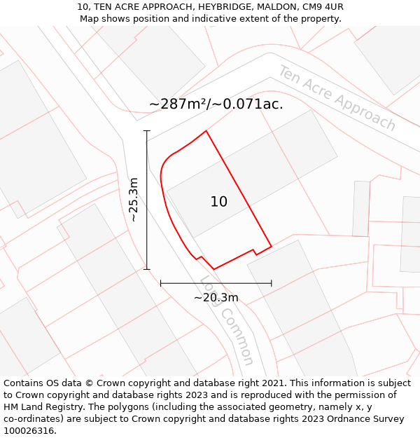 10, TEN ACRE APPROACH, HEYBRIDGE, MALDON, CM9 4UR: Plot and title map