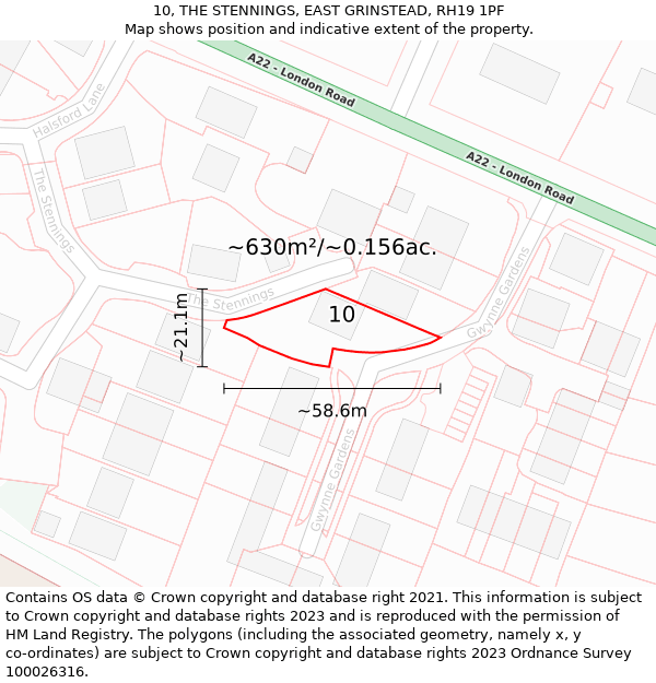 10, THE STENNINGS, EAST GRINSTEAD, RH19 1PF: Plot and title map