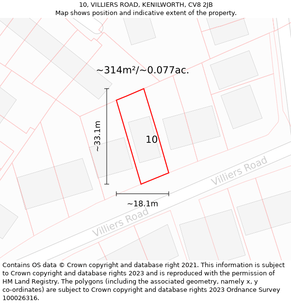 10, VILLIERS ROAD, KENILWORTH, CV8 2JB: Plot and title map