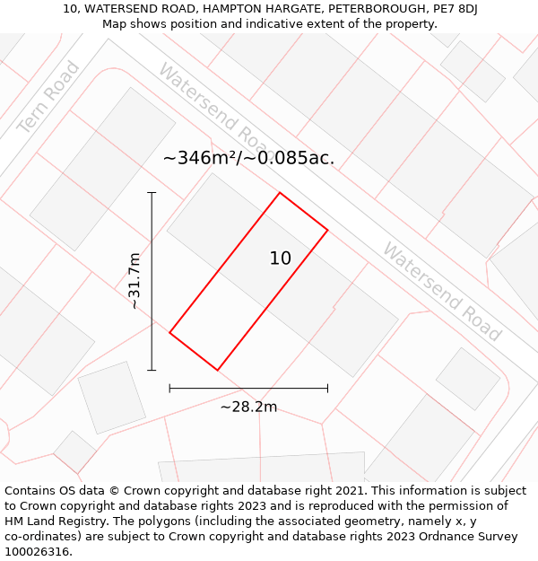 10, WATERSEND ROAD, HAMPTON HARGATE, PETERBOROUGH, PE7 8DJ: Plot and title map