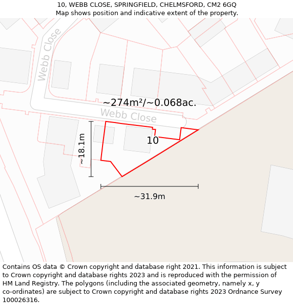 10, WEBB CLOSE, SPRINGFIELD, CHELMSFORD, CM2 6GQ: Plot and title map