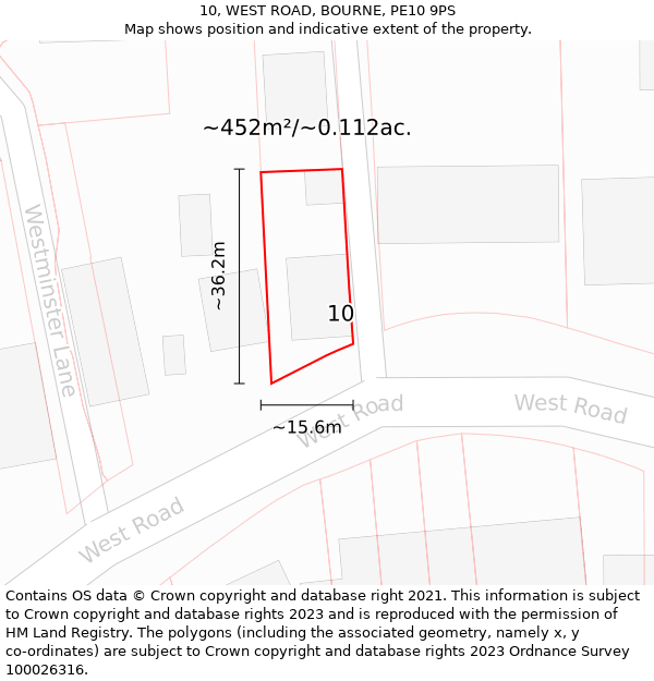 10, WEST ROAD, BOURNE, PE10 9PS: Plot and title map