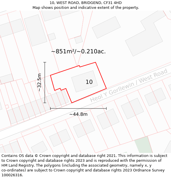 10, WEST ROAD, BRIDGEND, CF31 4HD: Plot and title map