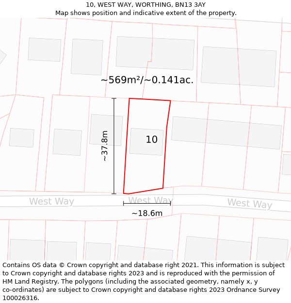 10, WEST WAY, WORTHING, BN13 3AY: Plot and title map